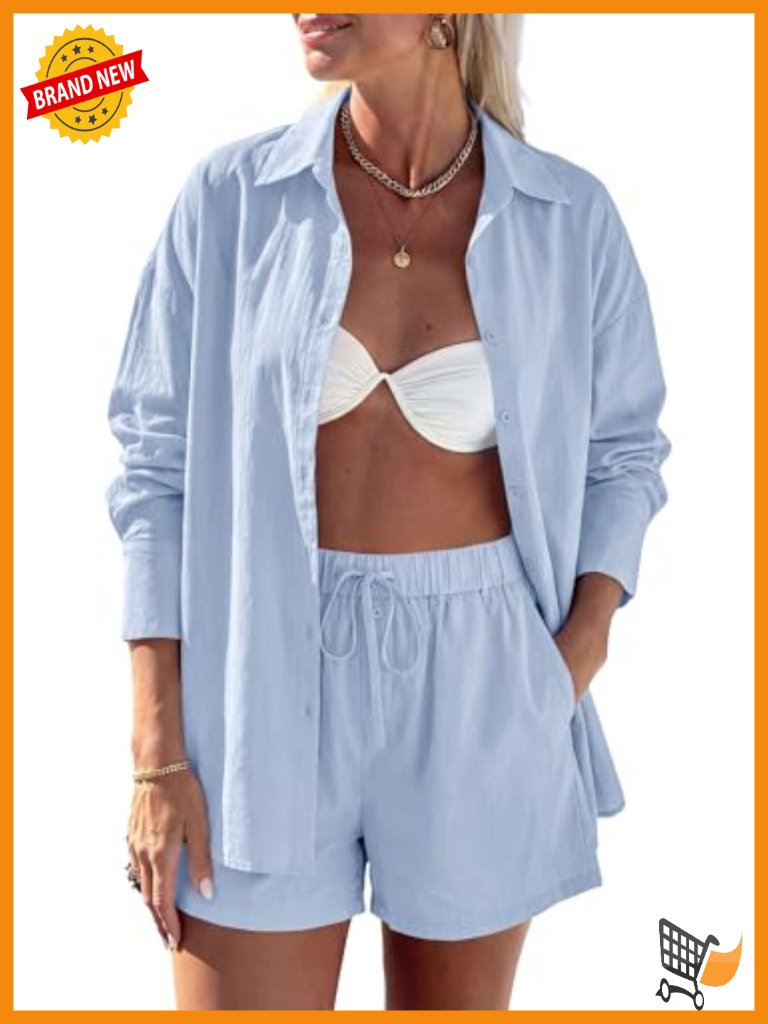 Women's 2 Piece Cotton Lounge Set - Pajama Shorts & Button Down Shirt